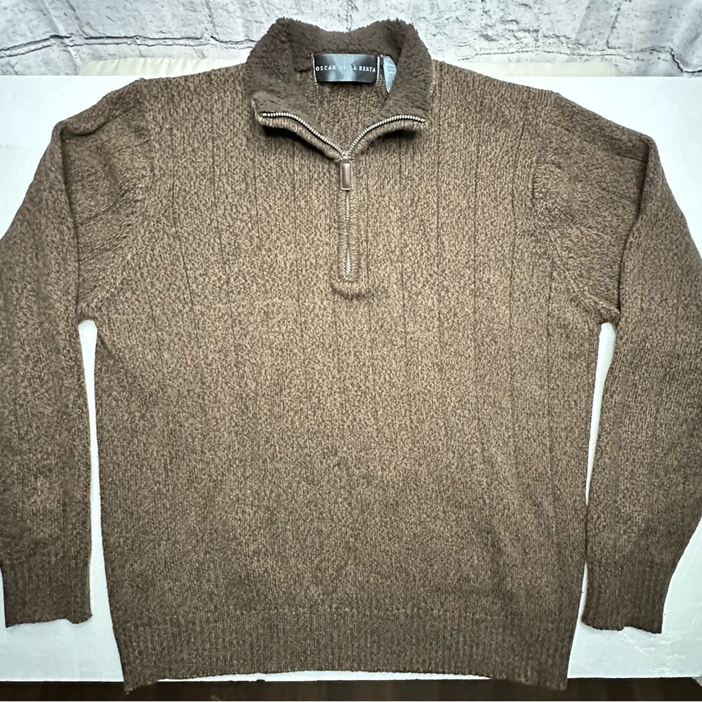 Oscar De La Renta brown sweater 1/4 zipper Cotton Med Long Sleeve Fleece Collar